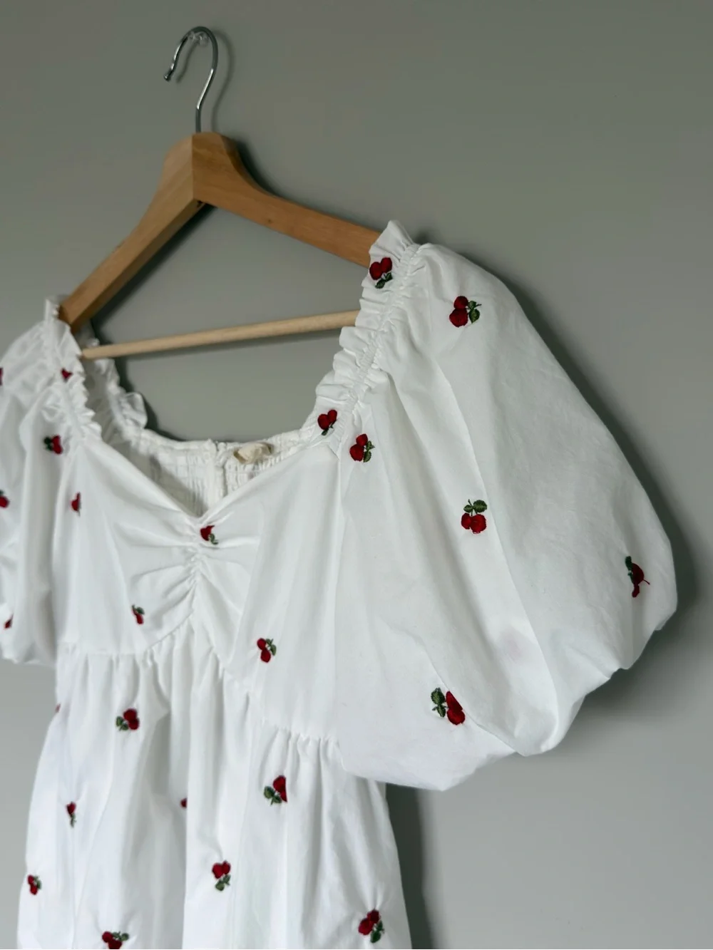 Altar’d State White Cherry Poplin Mini Dress Puff Sleeve Size S Cottagecore - Picture 5 of 9